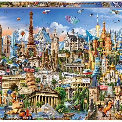 Caixa de puzzle Educa com 2000 peças e imagem dos monumentos famosos da Europa.