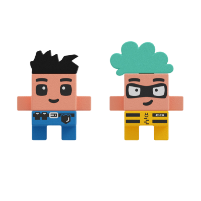 Duas figuras de brinquedo cartoon coloridas em fundo branco