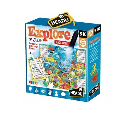 Caixa azul de brinquedo educativo Explore THE SEA LIFE Magic Light da HEADU com imagens de vida marinha
