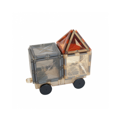 Veículo toy com peças magnéticas cinza e âmbar e rodas pretas