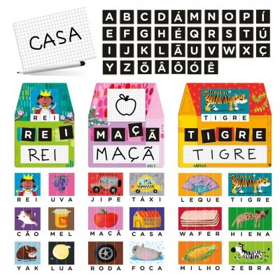 Cartões didáticos coloridos com palavras e imagens de animais, objetos e letras em português