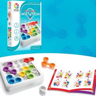 Jogo de puzzle ANTI-VIRUS MUTATION com peças coloridas e livro de desafios aberto