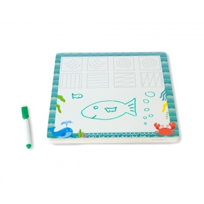 Quadro de escrita para crianças com caneta verde e desenhos marinhos