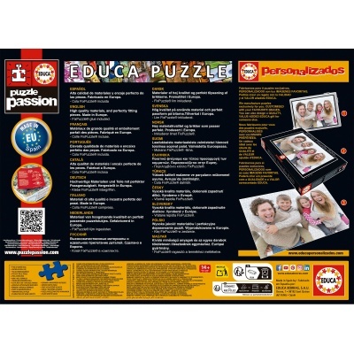 Embalagem EDUCA PUZZLE PERSONALIZADOS com texto multilingue, fundo preto e vermelho, logótipos e informação do produto.