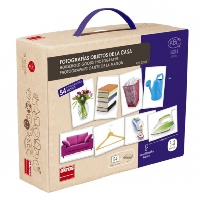 Caixa com fotografias de objetos domésticos para ensino de línguas