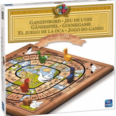 Jogo de tabuleiro Goosegame com estrutura de madeira e peças coloridas