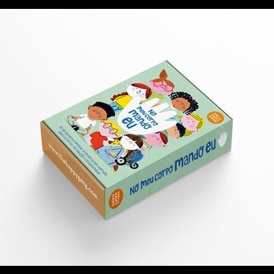 Caixa caixas coloridas com ilustrações e texto 'No meu corpo mando eu'