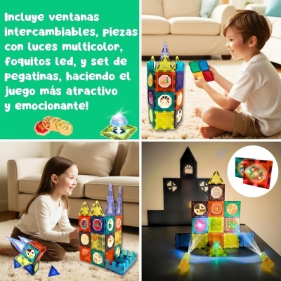 Crianças a brincar com blocos de construção coloridos com luzes LED num ambiente interior