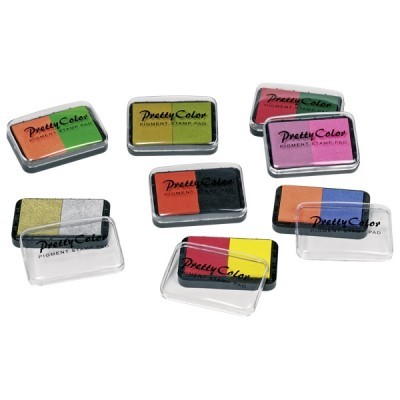 Conjunto de almofadas de carimbo coloridas em caixas transparentes