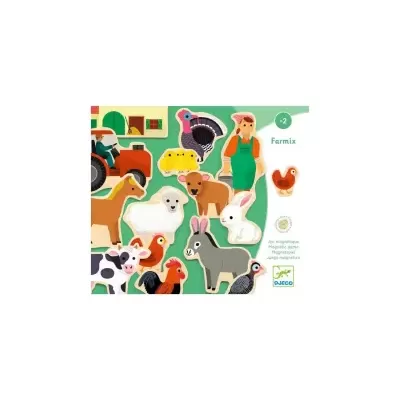 Brinquedo em madeira de animais de quinta e agricultor com trator