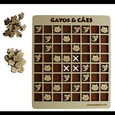 Jogo de tabuleiro em madeira Gatos & Cães com peças de madeira em forma de animais e grelha quadrada