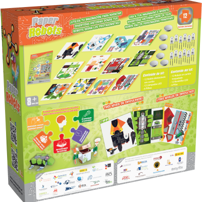 Embalagem colorida de kit Paper Robots para construção de robots em papel com várias imagens do conteúdo e textos descritivos