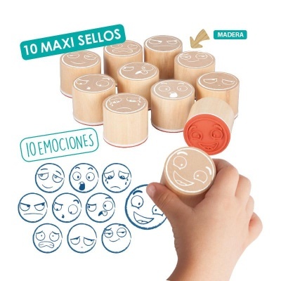 Conjunto de carimbos de madeira com expressões faciais