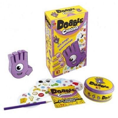 Jogo de cartas Dobble Chrono com cronómetro, cartas e caixa