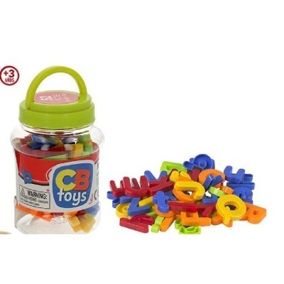 Frasco transparente com letras plásticas coloridas e tampa verde com pega