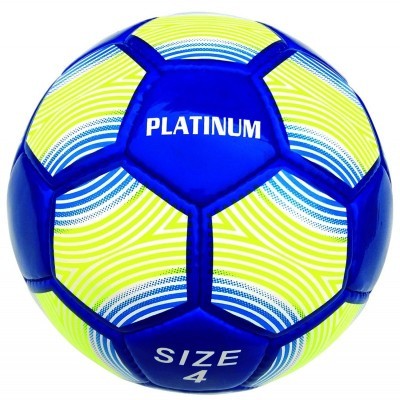 Bola de futebol azul e amarela com texto PLATINUM e SIZE 4