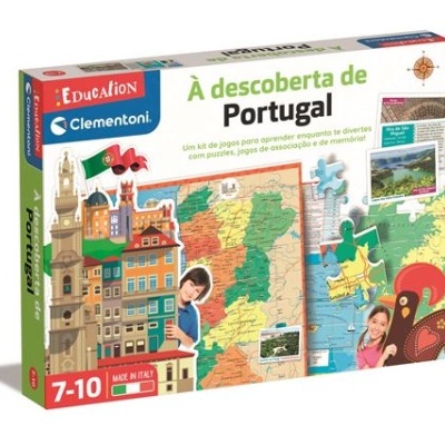 Caixa de jogo educativo À descoberta de Portugal com puzzles e mapas