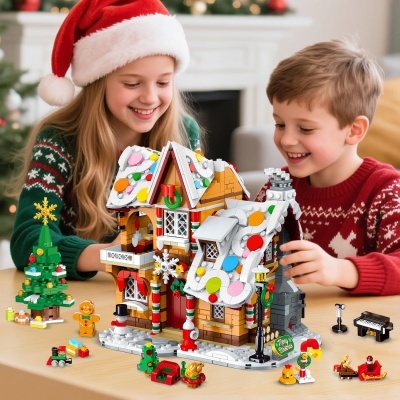 Casa de Natal tipo LEGO com telhado decorado e crianças felizes a brincar