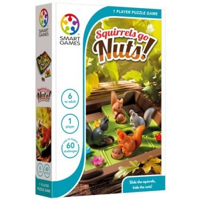 Caixa do jogo de puzzle Squirrels go Nuts! com esquilos e nozes em tabuleiro verde