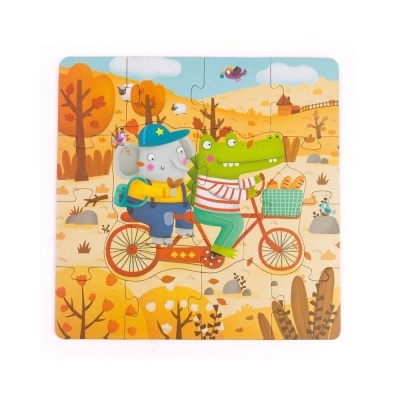 Quebra-cabeças colorido de crianças com elefante e crocodilo a andar de bicicleta