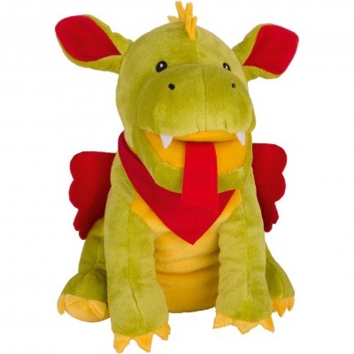 Peluche de dragão verde com asas vermelhas e língua comprida vermelha