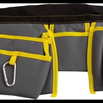 Cinto de ferramentas cinzento com bordas amarelas e vários bolsos
