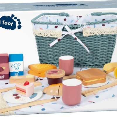 Conjunto brinquedo cesta de cozinha com alimentos e bebidas em plástico e tecido para crianças a partir dos 3 anos