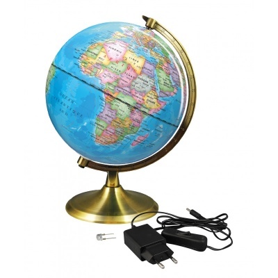 Globo terrestre com suporte dourado e adaptador de energia preto