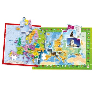 Quebra-cabeças do mapa da Europa com peças coloridas e cartas com fotos