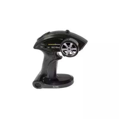 Comando remoto preto de plástico para brinquedos com roda prateada e texto NINCO Racer.