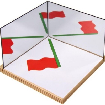 Produto educativo com espelhos refletindo bandeira vermelha com haste verde.