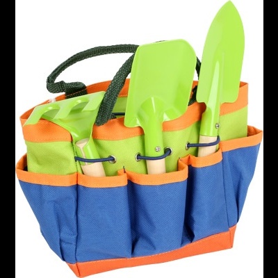 Conjunto de ferramentas de jardinagem coloridas num saco de tecido