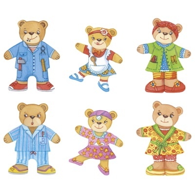 Seis ursos de pelúcia com diferentes roupas coloridas e acessórios variados.
