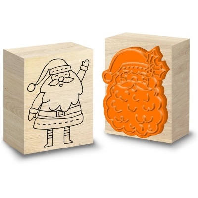 Dois carimbos de madeira com motivos de Pai Natal em preto e laranja