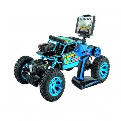 Carro RC azul com câmaras montadas e comando remoto azul e preto