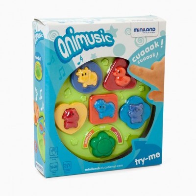 Brinquedo musical infantil Animusic da Miniland em embalagem azul e branca com botões coloridos e formas de animais.