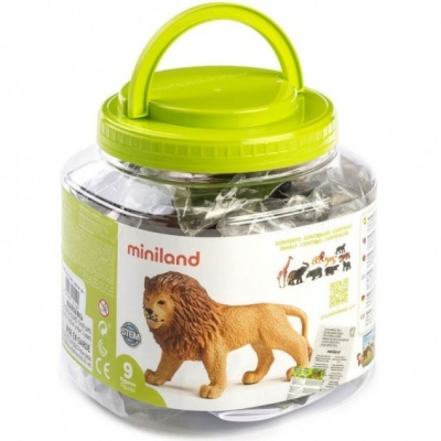 Frasco plástico com brinquedos de animais miniland e tampa amarela