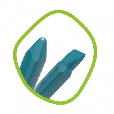 Pontos de parafusos ou brocas azuis com linha verde no fundo branco