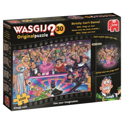 Caixa de puzzle Wasgij Original 30 com ilustração de dança colorida e texto explicativo