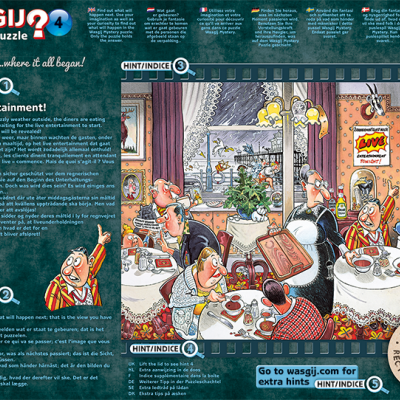 Puzzle Wasgij Retro nº 24 com ilustração de restaurante retro, personagens animadas e texto explicativo