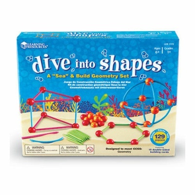 Conjunto educativo azul 'Dive into Shapes' com peças geométricas vermelhas e azuis.