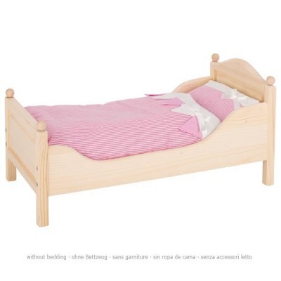 Cama pequena de madeira clara com edredão rosa às riscas e almofada