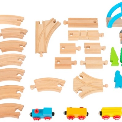 Conjunto de brinquedo de comboio em madeira com peças de carris, ponte, figuras, comboio e acessórios