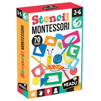 Embalagem colorida do jogo Montessori Stencil com peças para desenhar para crianças de 3-6 anos