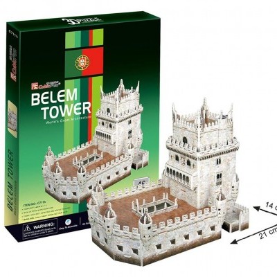 Modelo plástico da Torre de Belém com embalagem verde e texto