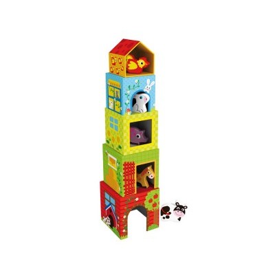 Brinquedo de empilhar torre colorida com animais