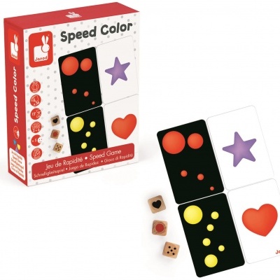 Jogo de cartas Speed Color com cartas coloridas e dados de madeira
