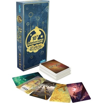 Jogo de cartas Dixit 10th Anniversary com cartas ilustradas coloridas e caixa azul