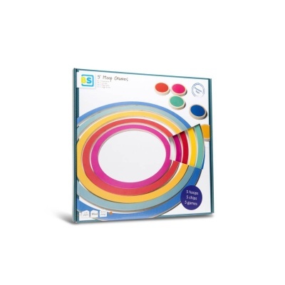 Jogo de arremesso com aros e discos coloridos na embalagem