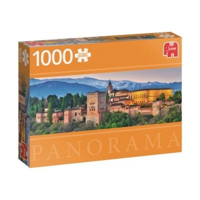 Caixa de quebra-cabeças laranja com imagem de castelo e texto 1000 Jumbo